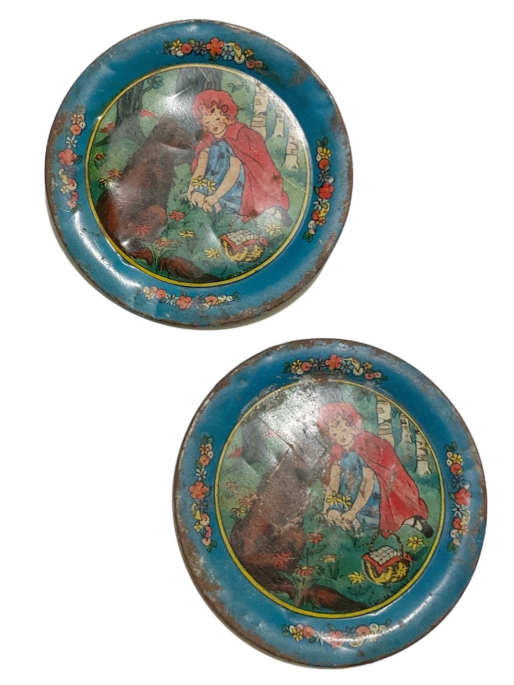 Vintage Red Riding Hood and Wolf Tiny Tin Plates - Ohio Art
